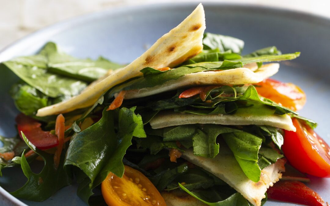 Dandelion Salad Tower with Sorghum Flour Flatbread and Honey-Citrus Vinaigrette