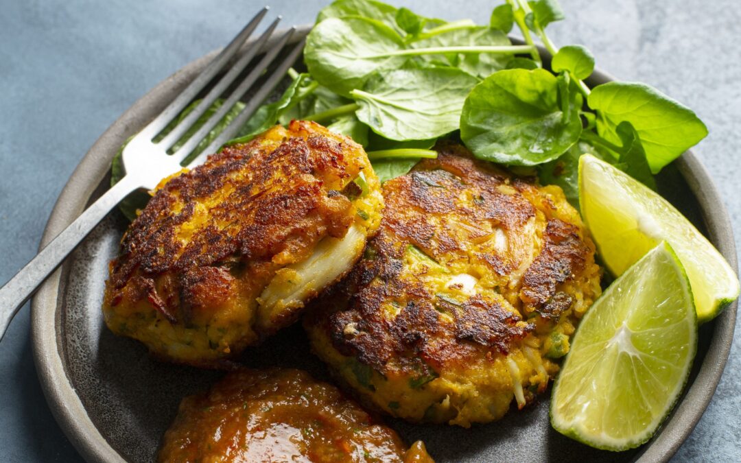 Fonio and Sweet Potato Crab Cakes with Spicy Papaya-Lime Sauce
