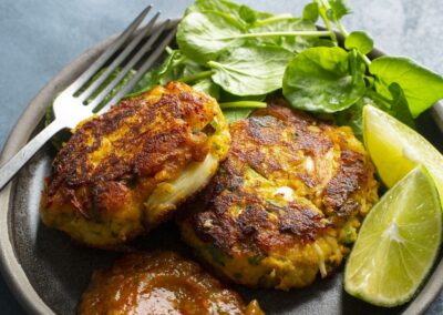 Fonio and Sweet Potato Crab Cakes with Spicy Papaya-Lime Sauce