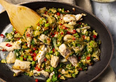 Onion-Poached Mackerel with Okra and Red Bell Peppers